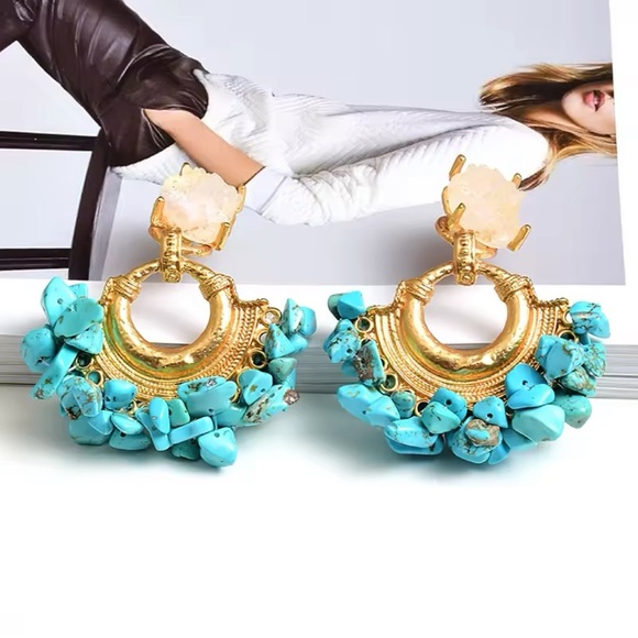 Statement Turquoise & Gold Drop Earrings | Boho Chic Bold Style - Picture 3 of 7